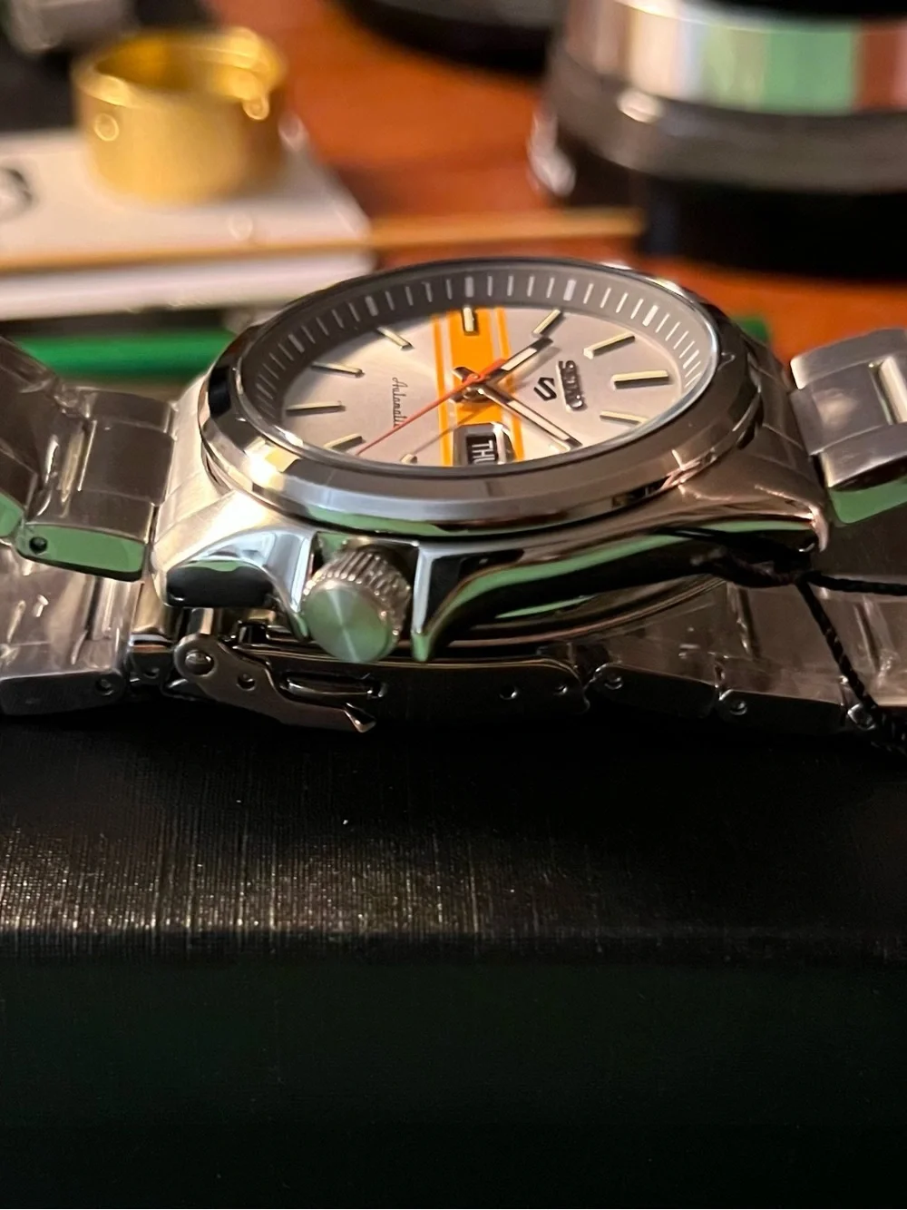 Seiko : RETRO GT Silver Watch with Orange Stripe and Orange Seconds Hand SRPE51